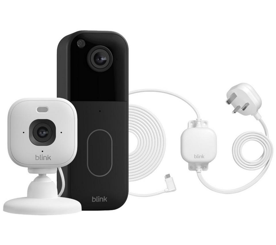 BLINK Home Security Starter Kit Outdoor with Video Doorbell System, Mini 2K+ Security Camera & Weather Resistant Power Adapter Bundle