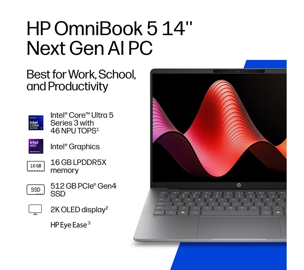 HP OmniBook 5 NGAI 14" Laptop - Intel&reg; Core&trade; Ultra 5, 512 GB SSD, Silver image number 5 of 26