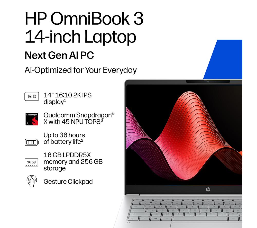 HP OmniBook 3 NGAI 14" Laptop - Snapdragon X, 256 GB SSD, Silver image number 25 of 34