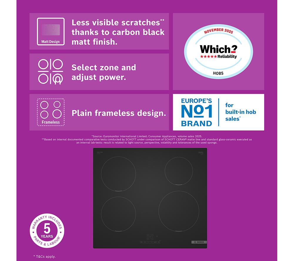 BOSCH Series 4 PIE61ABB5E 60 cm Electric Induction Hob - Matte Black image number 2 of 20