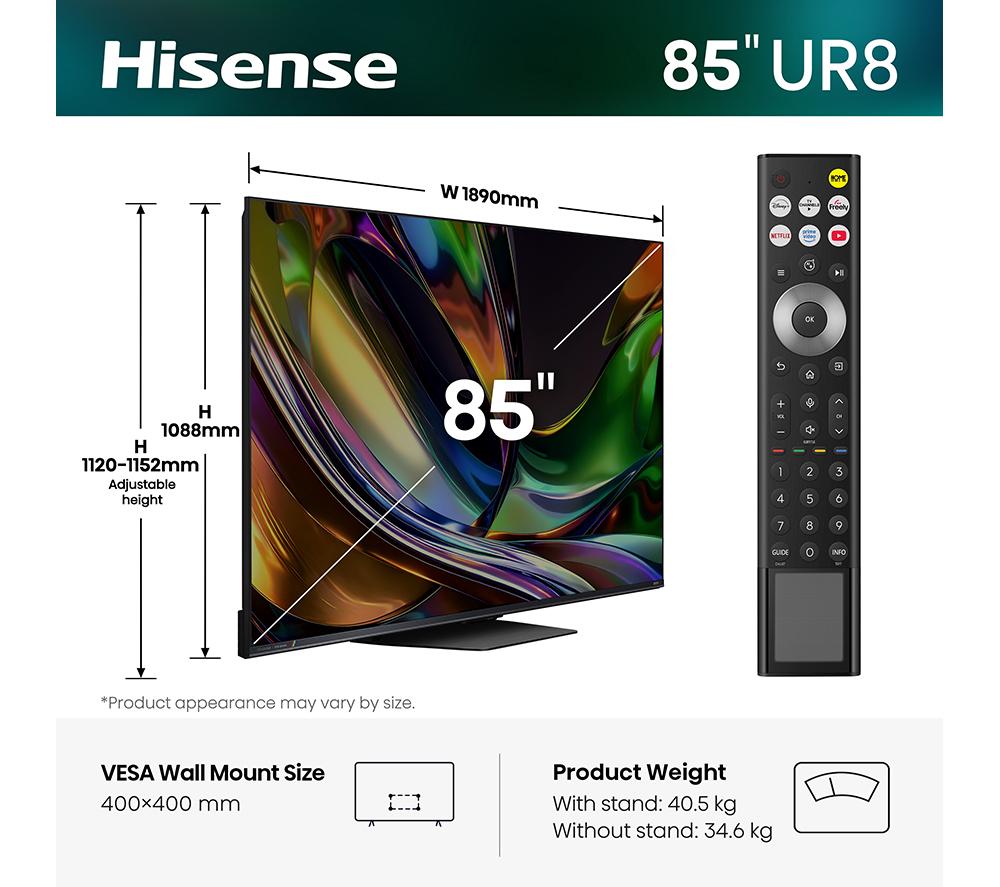 HISENSE UR8S 85" RGB Mini LED 4K 180Hz Smart AI TV with Freely - 85UR8STUK image number 2 of 15