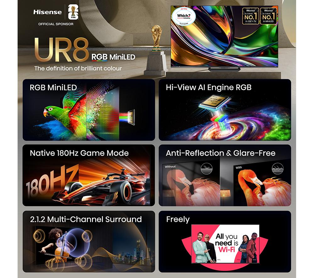 HISENSE UR8S 85" RGB Mini LED 4K 180Hz Smart AI TV with Freely - 85UR8STUK image number 3 of 15