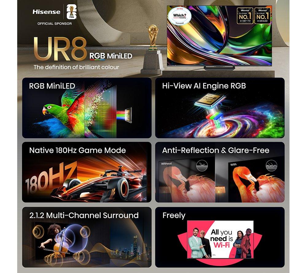 HISENSE UR8S 65" RGB Mini LED 4K 180Hz Smart AI TV with Freely - 65UR8STUK image number 3 of 15