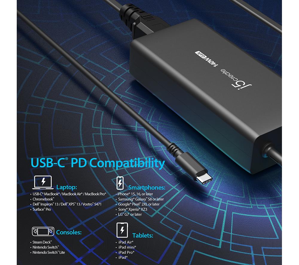J5CREATE JUP17140-FN 140 W GaN USB Type-C Power Adapter - Black image number 5 of 7
