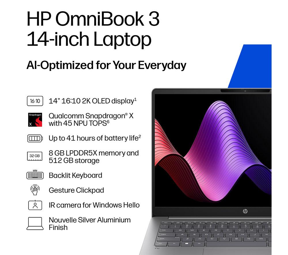 HP OmniBook 3 NGAI 14" Laptop - Snapdragon X, 512 GB SSD, Silver image number 3 of 21