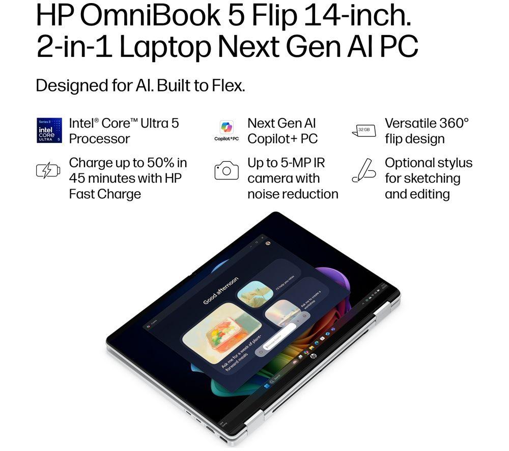HP OmniBook 5 Flip NGAI 14" 2 in 1 Laptop - Intel&reg; Core&trade; Ultra 5, 512 GB SSD, Silver image number 6 of 10