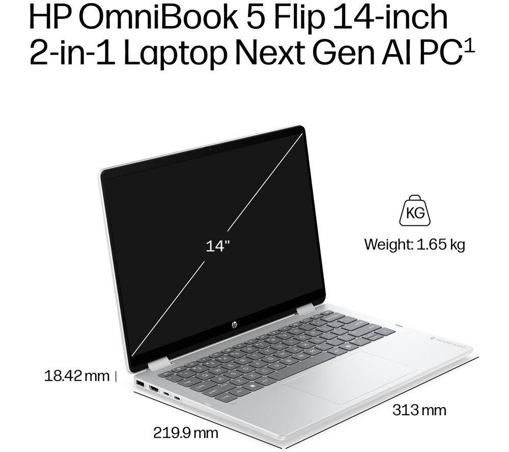 HP OmniBook 5 Flip NGAI 14" 2 in 1 Laptop - Intel&reg; Core&trade; Ultra 5, 512 GB SSD, Silver image number 8 of 10