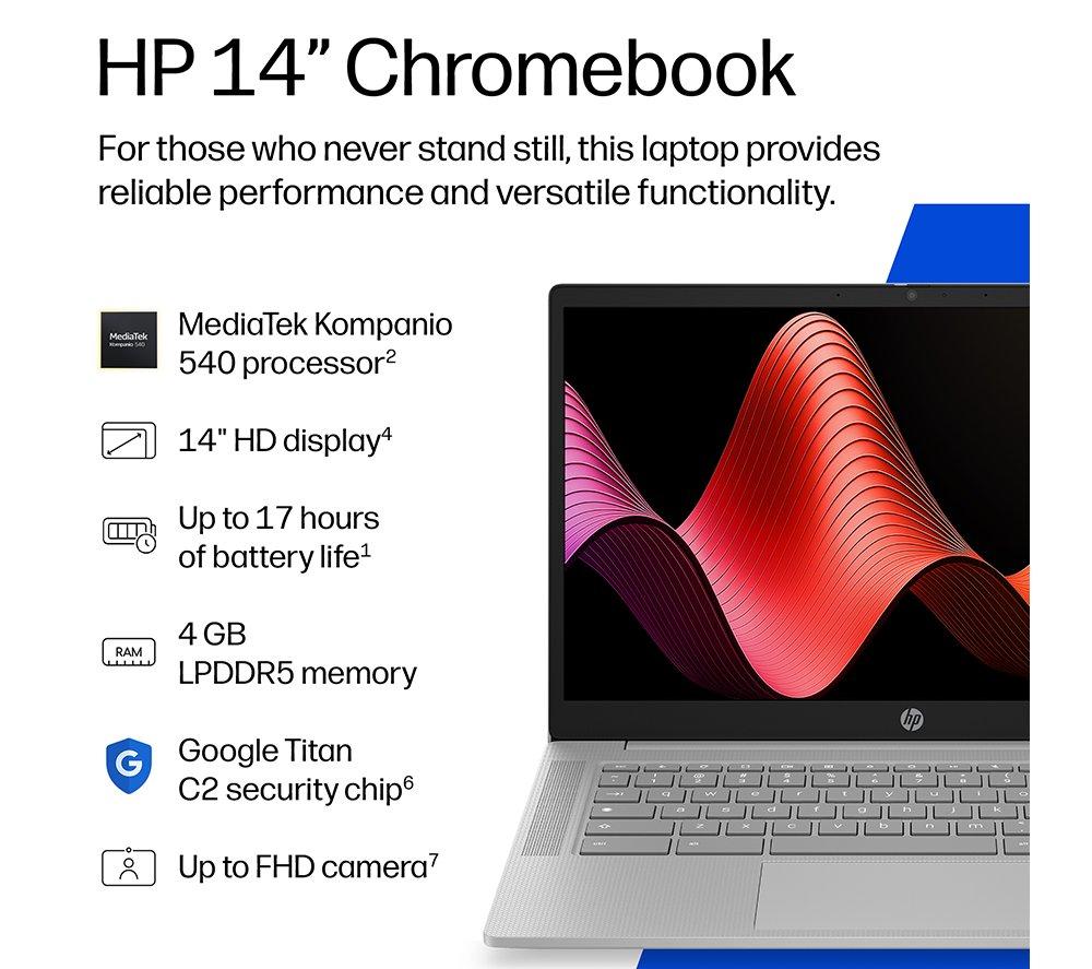HP 14a-nm0000sax 14" Chromebook - MediaTek Kompanio 540, 64 GB eMMC, Grey image number 3 of 6