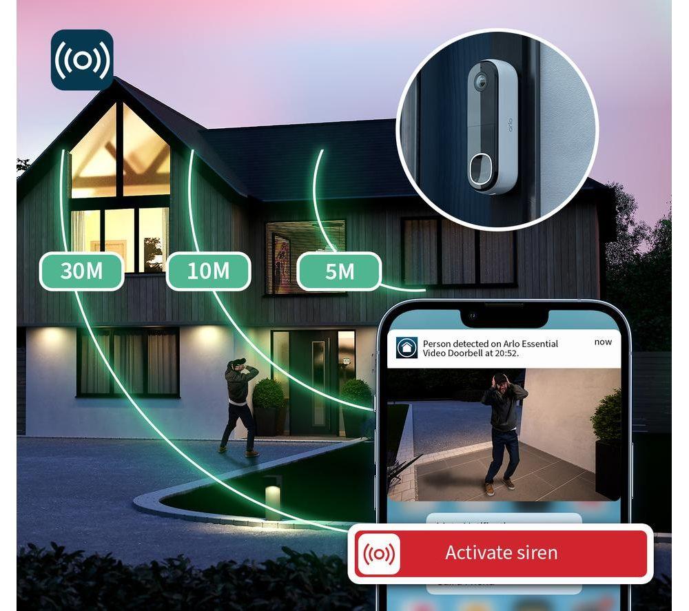 ARLO Essential 3 2K HD Indoor & Outdoor Doorbell Kit with WiFi Security Camera - Black & White image number 8 of 9