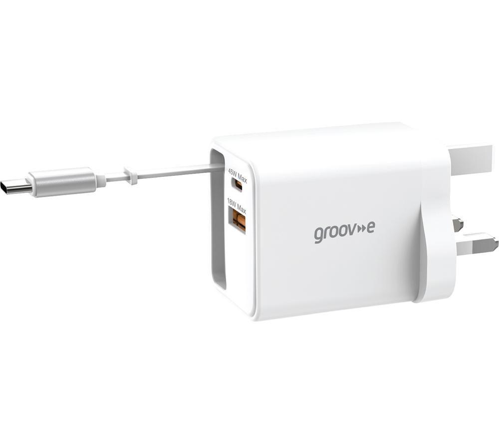 Groov E White Groov-E Usb-C & Usb-A Wall Charger 45W With Integrated Retractable Usb-C Cable - Gan Uk Plug Power Delivery Fast-Charge Adaptor For Smartphones, Tablets, And Laptops - Image 2