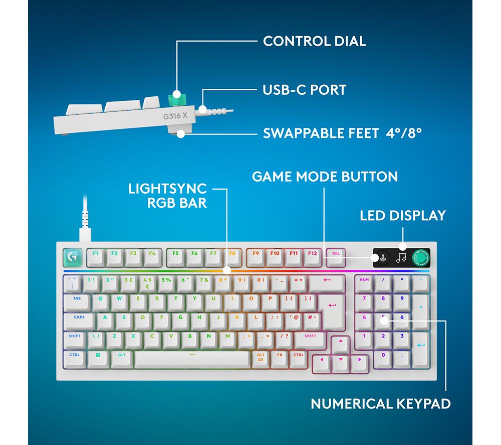 LOGITECH G316 X 98 Mechanical Gaming Keyboard - White image number 10 of 11