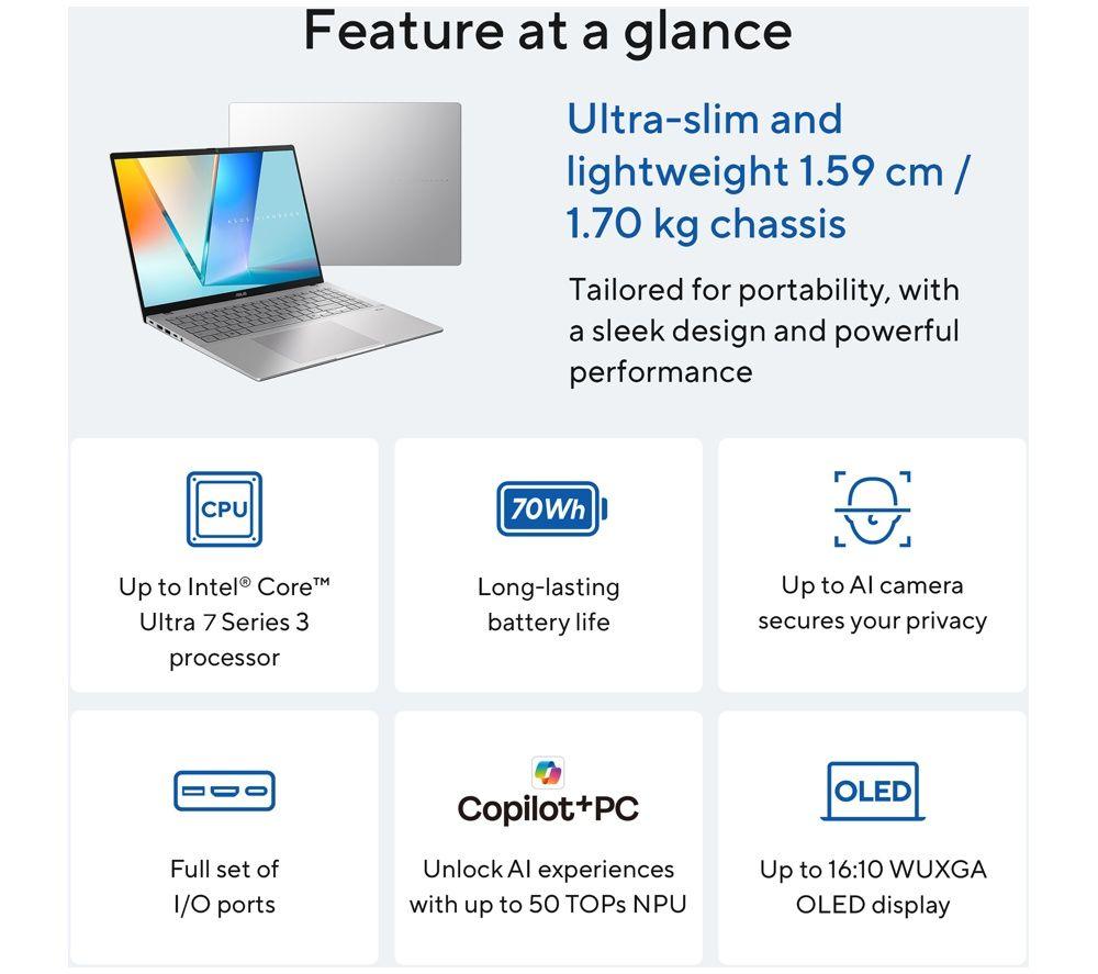 ASUS Vivobook S16 OLED S3607AA 16" Laptop - Intel&reg; Core&trade; Ultra 7, 512 GB SSD, Grey image number 4 of 8