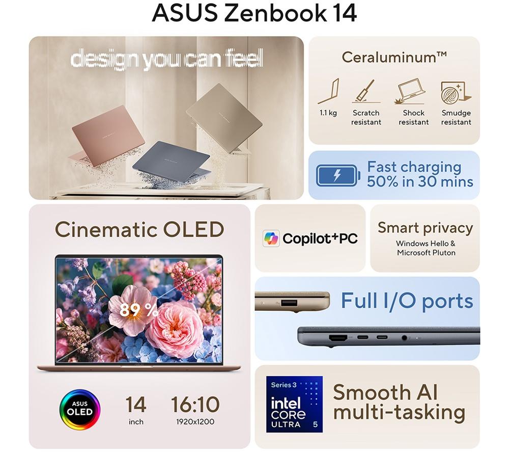 ASUS Zenbook 14 OLED 14" Laptop - Intel&reg; Core&trade; Ultra 5, 512 GB SSD, Pink image number 3 of 6