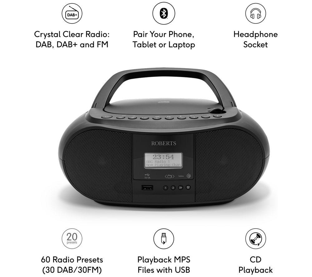 ROBERTS ORTUS4BK Portable DAB+/FM Bluetooth Clock Radio &ndash; Black image number 7 of 8