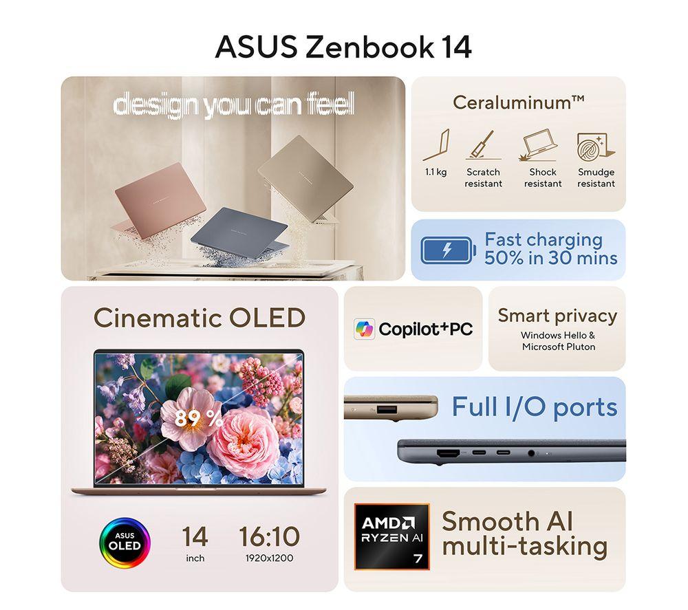 ASUS Zenbook 14 OLED 14" Laptop - AMD Ryzen 7, 512 GB SSD, Arctic Blue image number 8 of 12