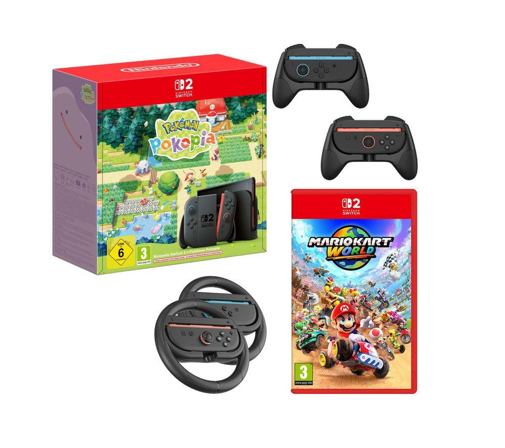 Nintendo Switch 2 Pokemon Pokopia & Mario Kart World With Switch 2 Joy-Con Racing Wheels & Joy-Con 2 Grips Bundle, Black