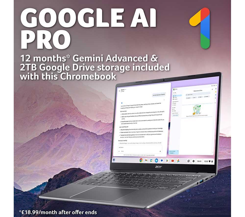 ACER 514 14" Chromebook Plus - Intel&reg; Core&trade; 3, 128 GB eMMC, Grey image number 5 of 12