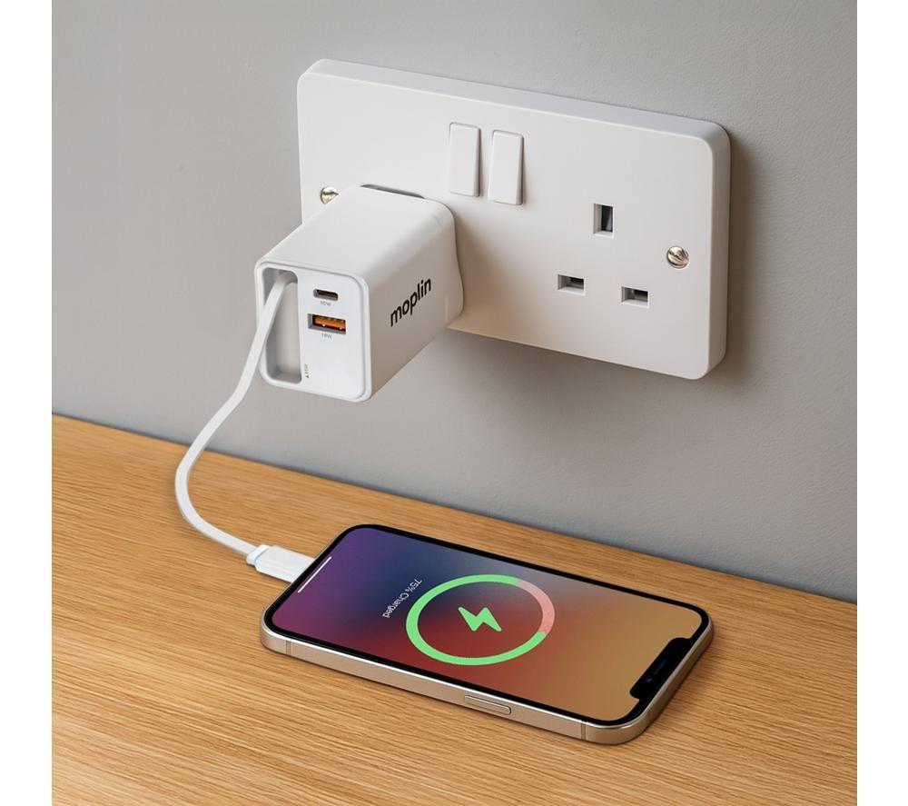 MAPLIN 65 W 2-Port USB GaN Wall Charger & 3-in-1 Charging Cable - White image number 2 of 3