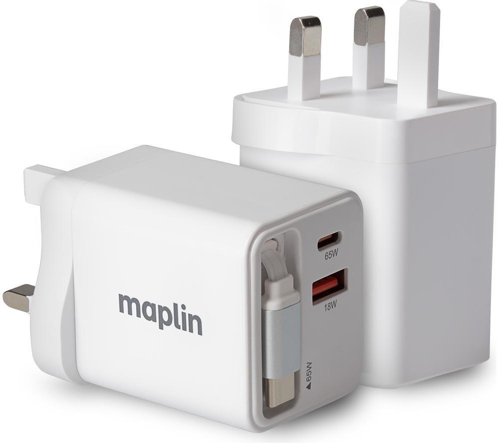 MAPLIN 65 W 2-Port USB GaN Wall Charger & 3-in-1 Charging Cable - White image number 3 of 3