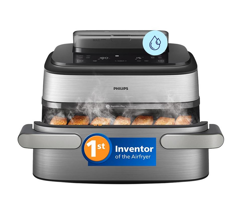 PHILIPS 5000 Series 9.5L NA565/92 Dual Basket Steam Air Fryer - Silver & Black