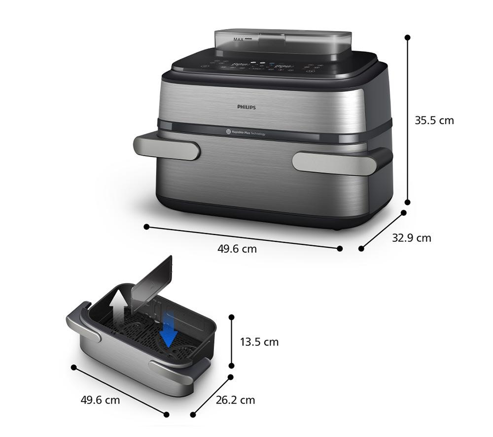 PHILIPS 5000 Series 9.5L NA565/92 Dual Basket Steam Air Fryer - Silver & Black image number 14 of 15