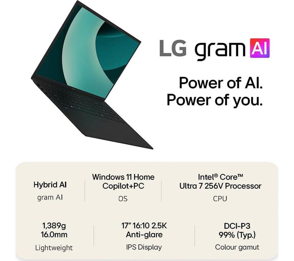 LG LG gram 17 17" Laptop, Copilot+ PC - Intel&reg; Core&trade; Ultra 7, 1 TB SSD, Obsidian Black image number 4 of 4
