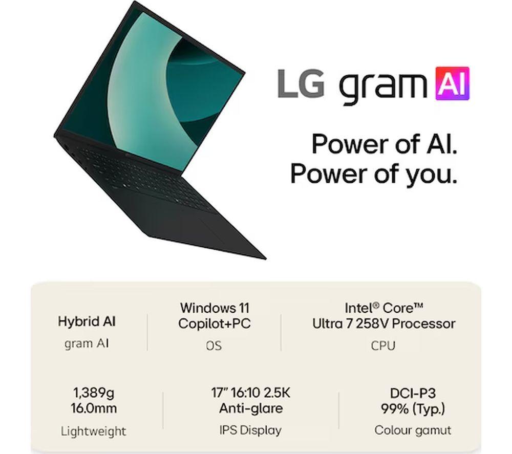 LG gram 17 17" Laptop, Copilot+ PC - Intel&reg; Core&trade; Ultra 7, 1 TB SSD, Obsidian Black image number 4 of 4