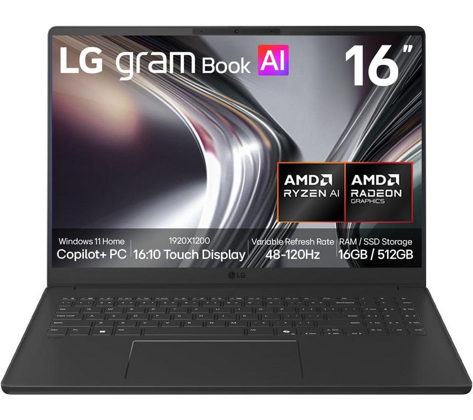 LG gram Book 16 16" Laptop, Copilot+ PC - AMD Ryzen AI 7, 512 GB SSD, Black