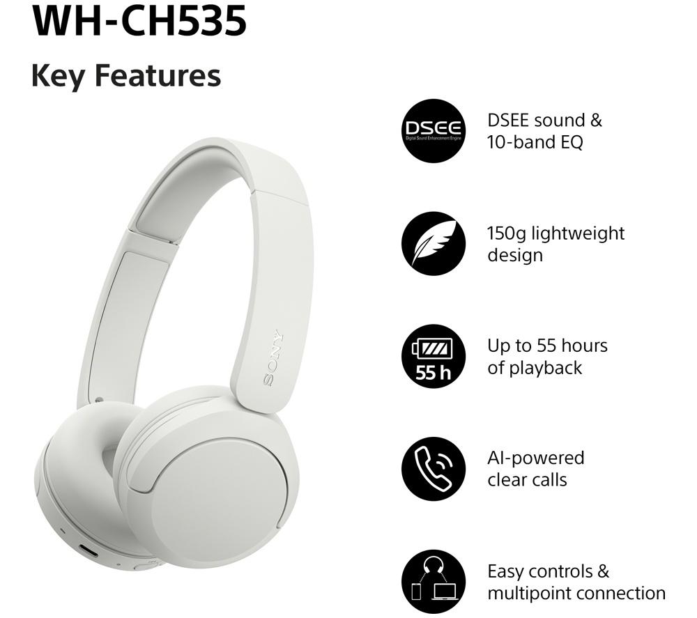 SONY WH-CH535 Wireless Bluetooth Headphones - White image number 7 of 13