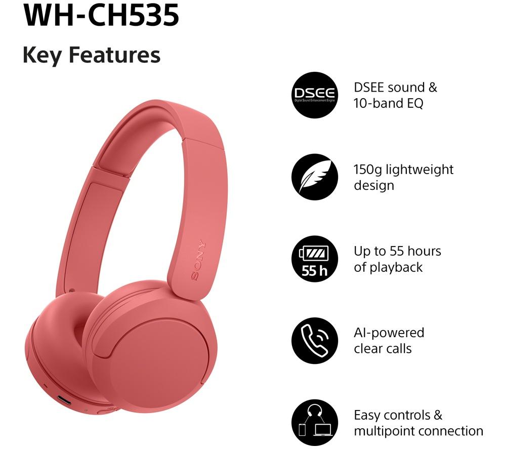 SONY WH-CH535 Wireless Bluetooth Headphones - Coral Red image number 2 of 13