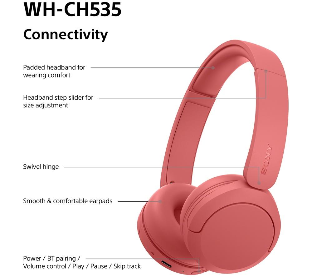 SONY WH-CH535 Wireless Bluetooth Headphones - Coral Red image number 8 of 13