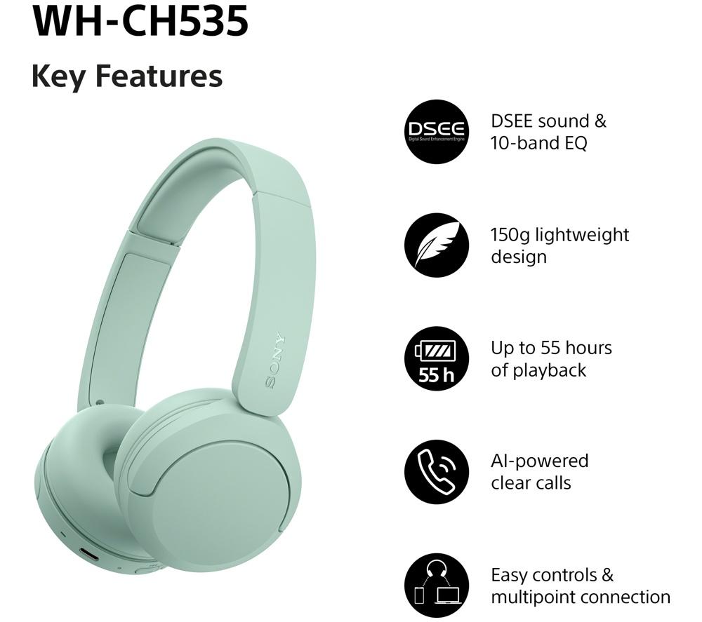 SONY WH-CH535 Wireless Bluetooth Headphones - Mint Green image number 2 of 13