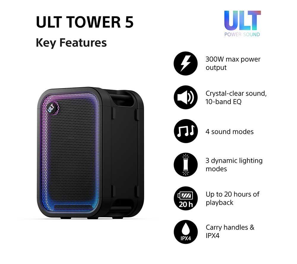 SONY ULT Tower 5 Wireless Multi-room Megasound Party Speaker - Black image number 2 of 22