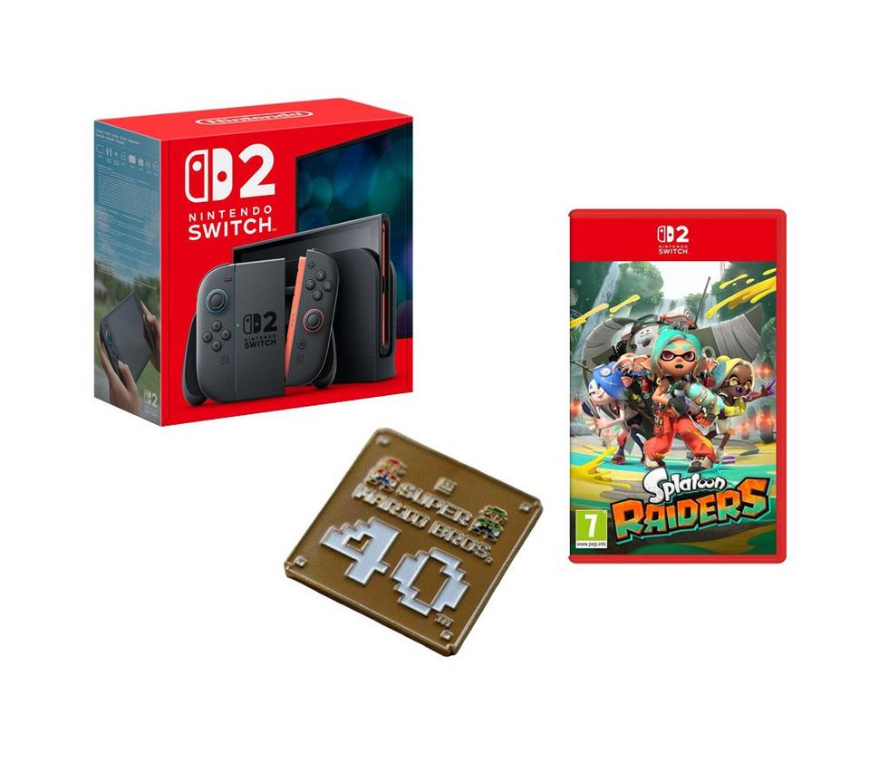 NINTENDO Switch 2, Splatoon Raiders and Super Mario Bros (40th Anniversary Keychain) Bundle