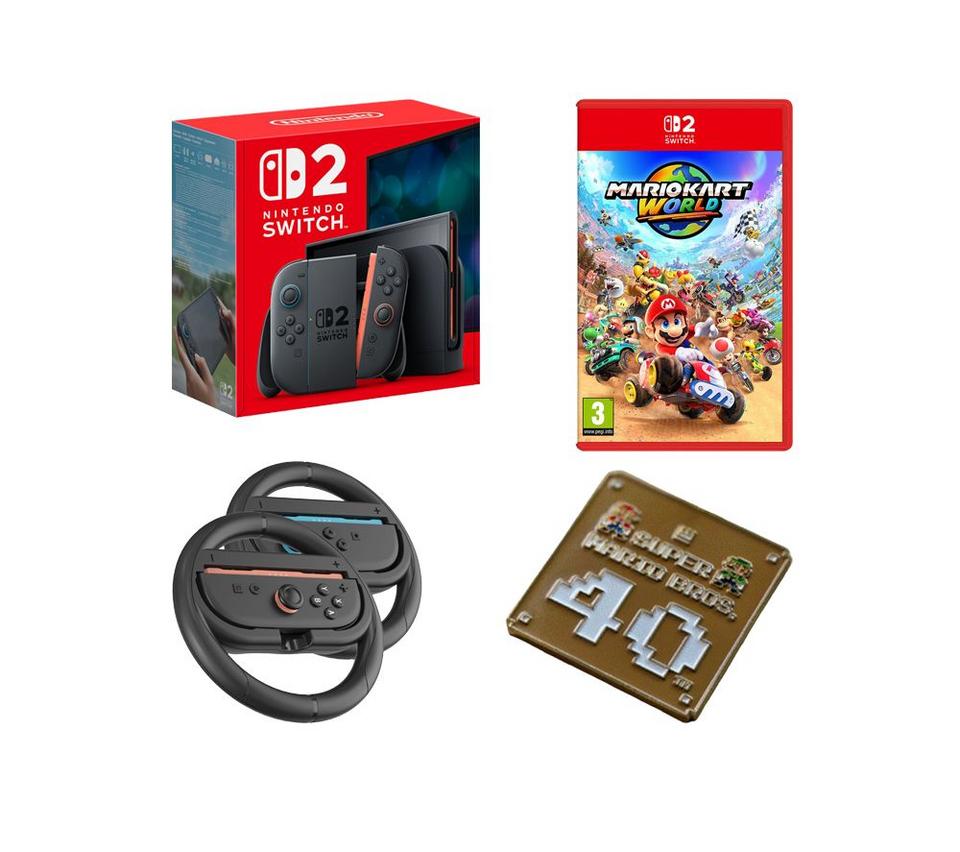 NINTENDO Switch 2, Super Mario Bros 40th Anniversary Keychain, Nintendo Joy-Con Racing Wheels & Mario Kart World Bundle