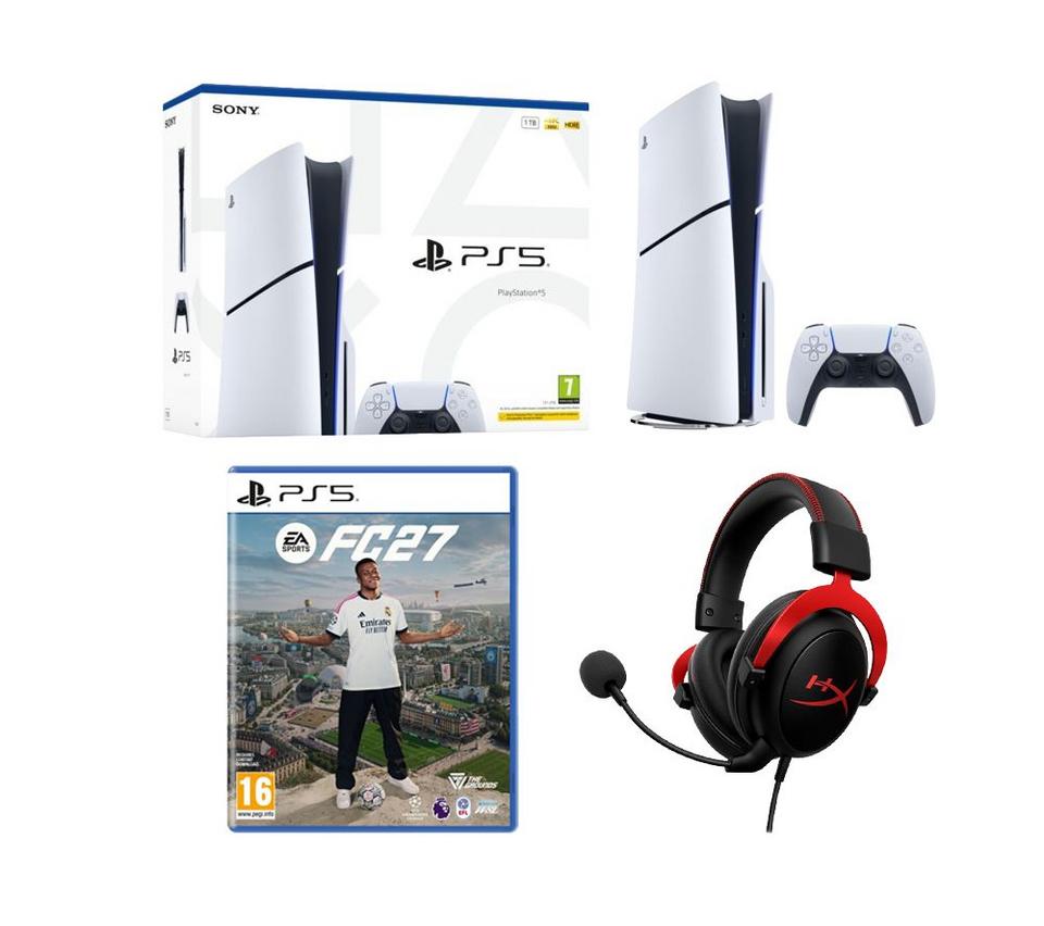 SONY PlayStation 5, EA SPORTS FC27 PS5 & Cloud II Pro 7.1 Gaming Headset Bundle