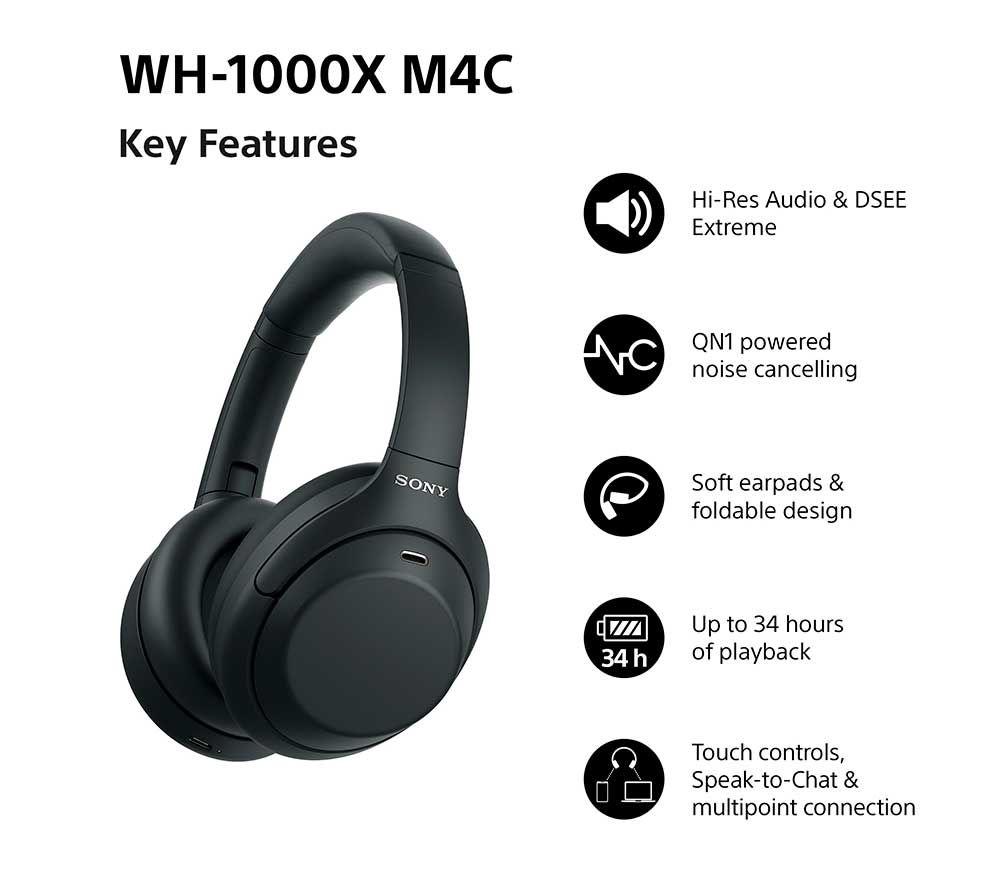 SONY WH-1000XM4C Wireless Bluetooth Noise-Cancelling Headphones - Black image number 2 of 18