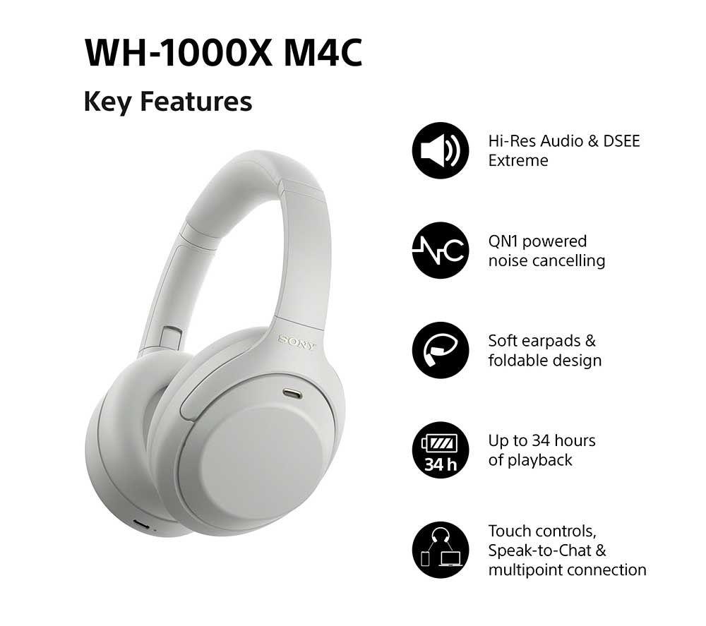 SONY WH-1000XM4C Wireless Bluetooth Noise-Cancelling Headphones - Platinum Silver image number 2 of 18