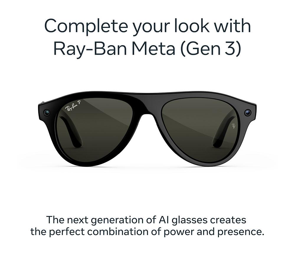 META RAY-BAN Aviator (Gen 3) AI Glasses - Shiny Black with Polarised Green Lenses image number 2 of 6