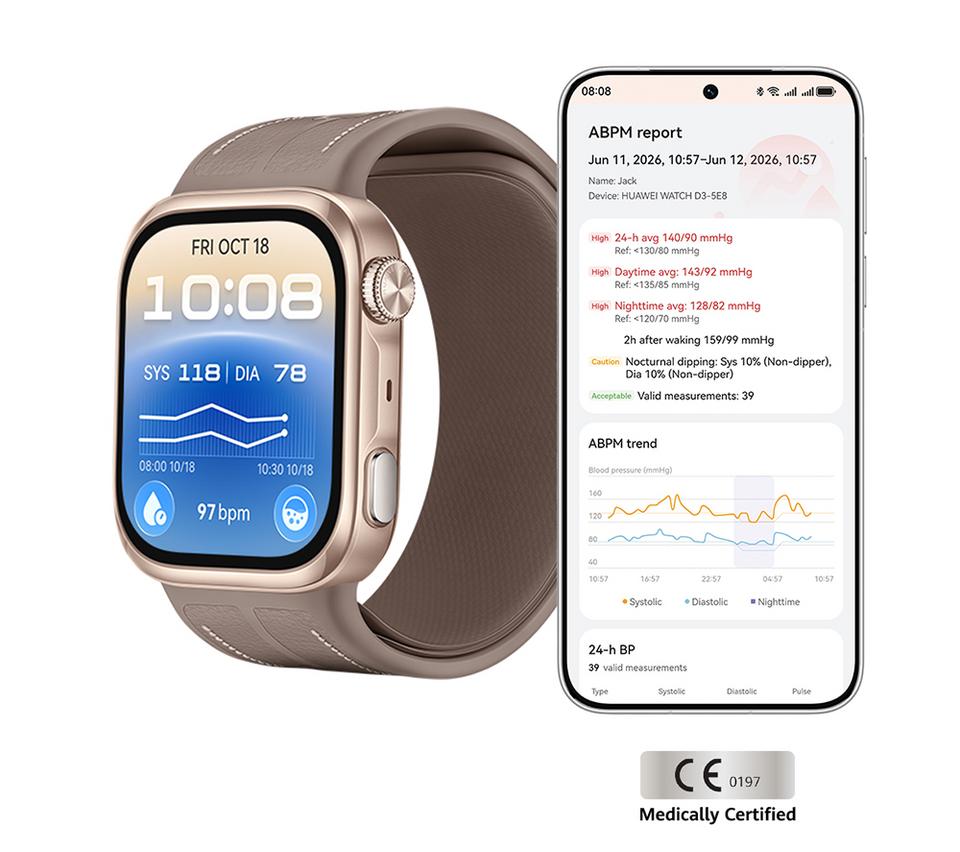 HUAWEI WATCH D3 Blood Pressure Monitoring Smart Watch - Gold with Brown Leather Strap
