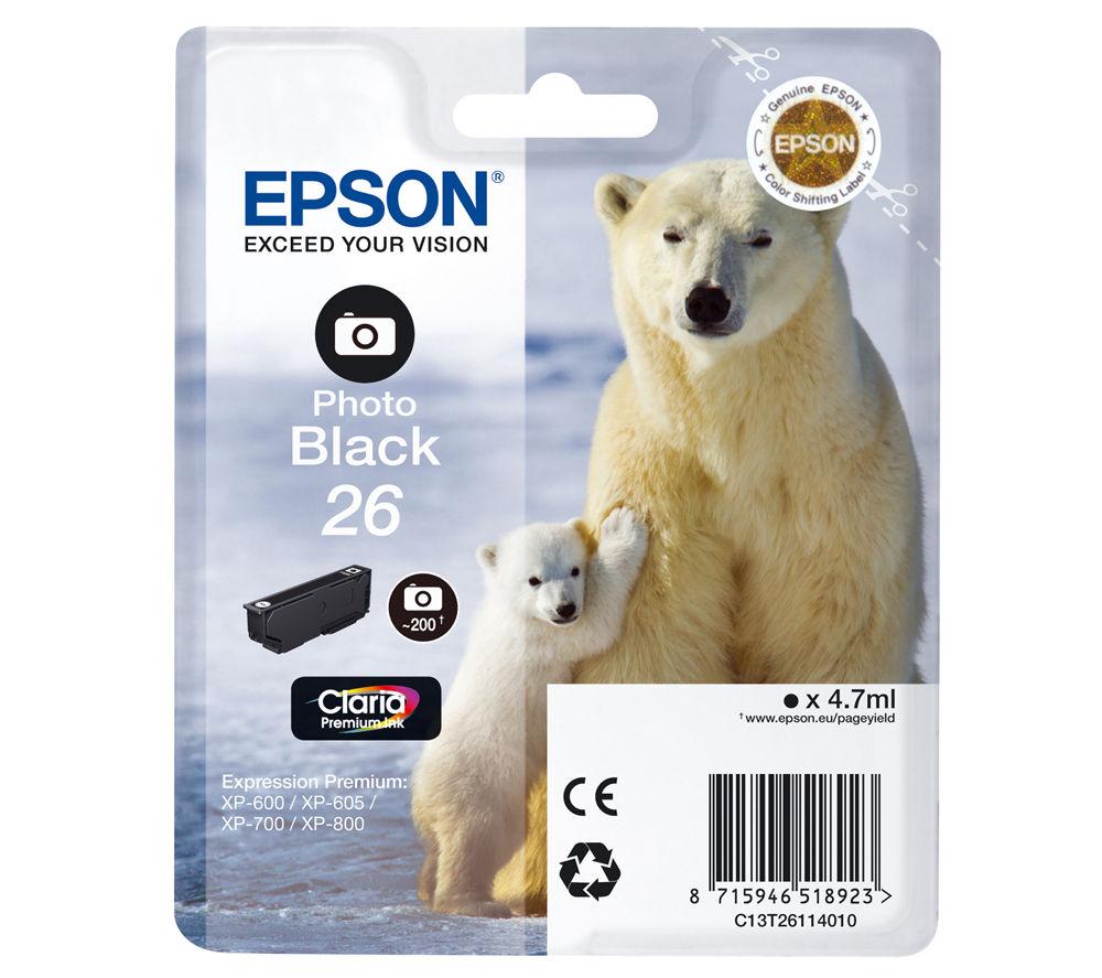 Epson 26 Polar Bear Photo Black Genuine, Claria Premium Ink Cartridge, Standard Capacity