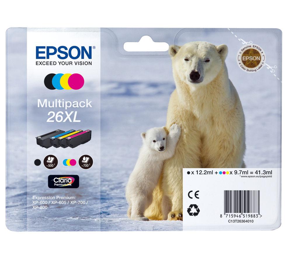 Epson Polar Bear 26 X-Large High Capacity Multipack Ink Cartridges, Multi-Coloured, Genuine & Polar Bear 26 Standard Ink Cartridge, Photo Black, Genuine