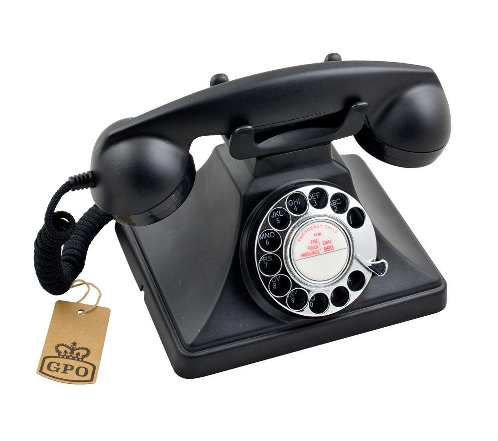 GPO 200 Classic Vintage Phone - Rotary Dial, Cloth Cord, Traditional Bell Ring Tone - Black