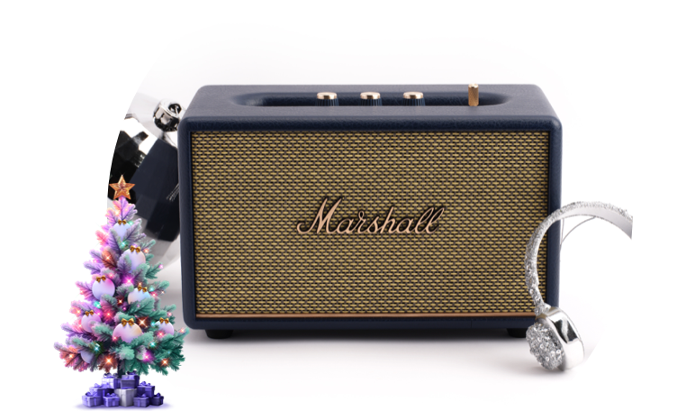 A Marshall speaker on a Christmas themed background