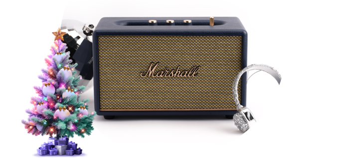 A Marshall speaker on a Christmas themed background