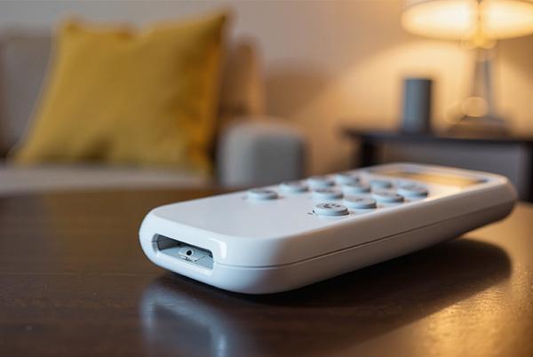 an air conditioner remote control sitting on top of a table in a room
