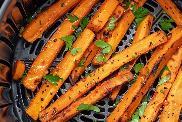 a close up of an air fryer with some carrots and herbs