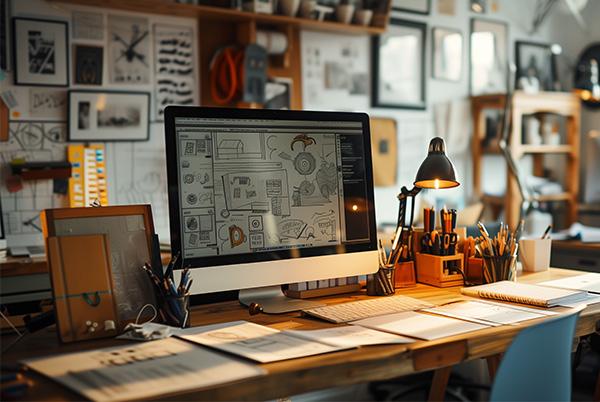 a desk with an apple imac computer and a lamp on it