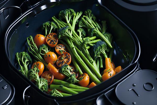 Air fryer basket vegetables broccoli tomatoes