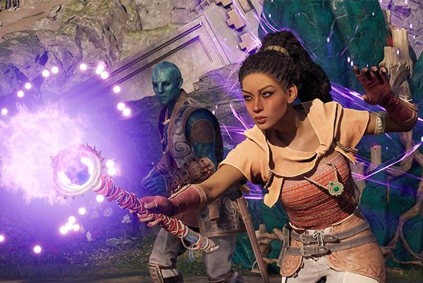 avowed game woman holding a purple wand in front of a man